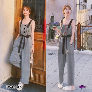 MF13047🍓 Jumpsuit จั้มสูทลายสก็อต ผ้าทอ อกติดกระดุม สายจั้มติดกระดุมปรับได้ 2 ระดับ มีกระเป๋าล้วง 2 ข้าง + สายผูกเอว