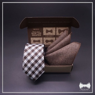 เซ็ทเนคไทลายตารางน้ำตาล + ผ้าเช็ดหน้าสูท-Silk Blend Necktie+ pocket square