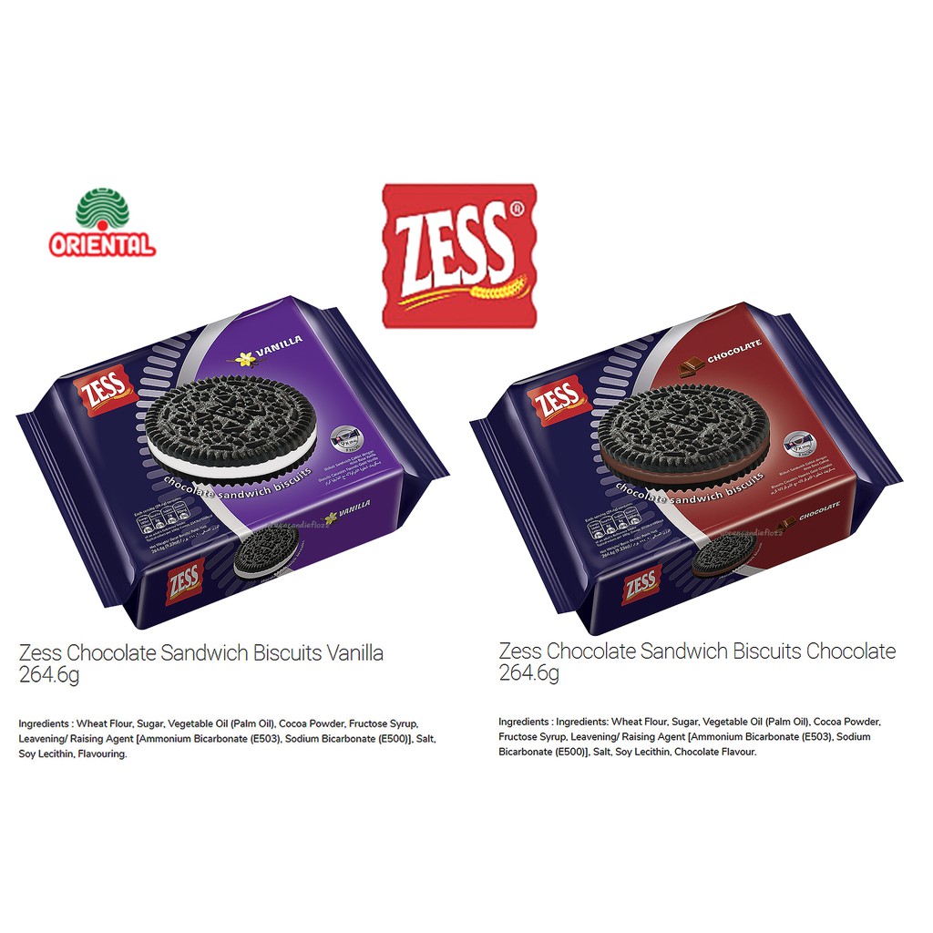 Zess chocolate sandwich biscuits บิสกิต,ขนมปังกรอบ สอดไส้ครีมรสช็อคโกแล็ต และวนิลา ขนาด 264.4 g