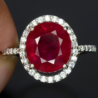 แหวนเงินแท้ 92.5 พลอยทับทิม Ruby  น้ำหนัก  3.59  กะรัต  สวยไฟดีสีแดงเลือกนกค่ะ