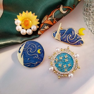 Starry Sun Moon Brooches Enamel Pin Crystal Rhinestone Pearl Castle Backpacks Lapel Pin Badge Jewelry Gifts for Women