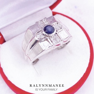 A6407 แหวนชายพลอยไพลินแท้ ( Blue sapphire ) ตัวเรือนเงินแท้925 ชุบทองคำขาว มีไซส์ 63,64,69,70 (สั่งแก้ไซส์ได้ค่ะ )