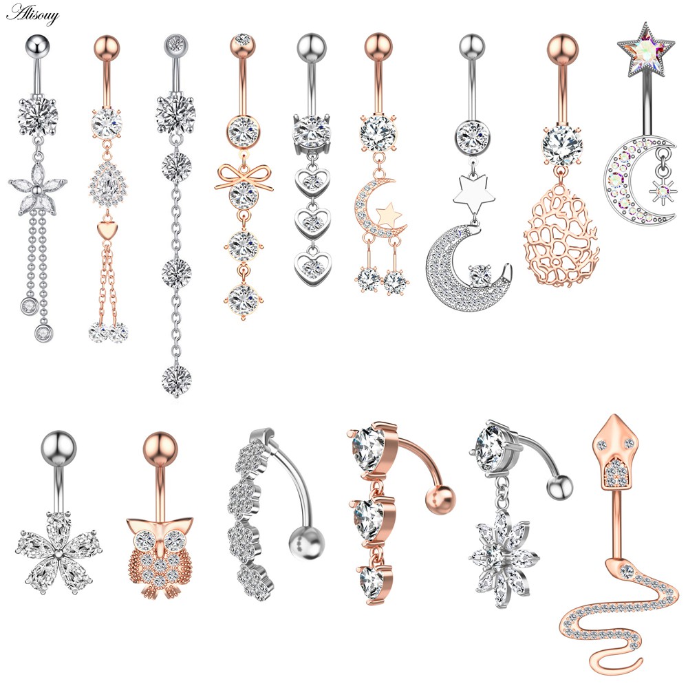 Alisouy 1 PC เหล็กผ่าตัด Zirconia คริสตัลเซ็กซี่ Belly แหวนนกฮูก Star Moon Heart ดอกไม้ Navel เจาะผู้หญิงปุ่มแหวนเครื่องประดับ
