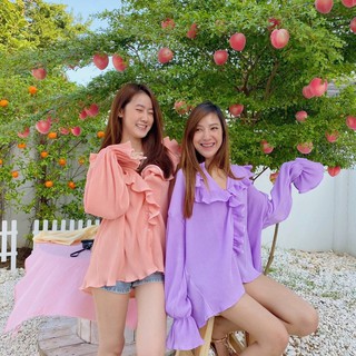 NOV1401 เสื้อคอปกผ้าพลีทแต่งระบาย น่าร๊ากกก ทรงoversize ไหล่slove ใส่เป็นเสื้อตัวใหญ่ๆ