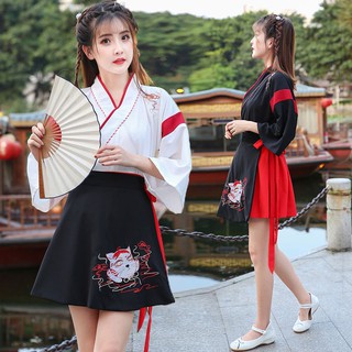 🔥Ready stock！ แมวนักเรียนหญิง Hanfu ที่ได้รับการปรับปรุงใหม่ยังเย็บปักถักร้อยชุดสองชิ้นสไตล์จีน SING ส่งการเต้นรำไปยังด