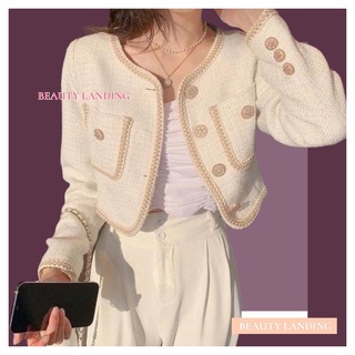 Beauty Landing เสื้อคลุม แขนยาว ผ้าทวิต กระเป๋าคู่หน้า