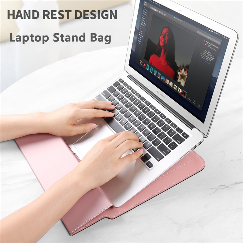 4 in 1 กระเป๋าใส่แล็ปท็อป หนังนิ่ม พับได้ พร้อมขาตั้ง สําหรับ Macbook air pro 11 12 13 14 15 16 นิ้ว