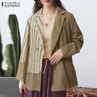 ZANZEA Women Lapel Long Sleeves Stripes Cotton Linen Open Front Jackets Coats Blazer