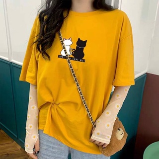 เสื้อcottonแขนสั้นoversizeไหล่ตก รูปแมวคู่น่ารักสไตล์เกาหลี