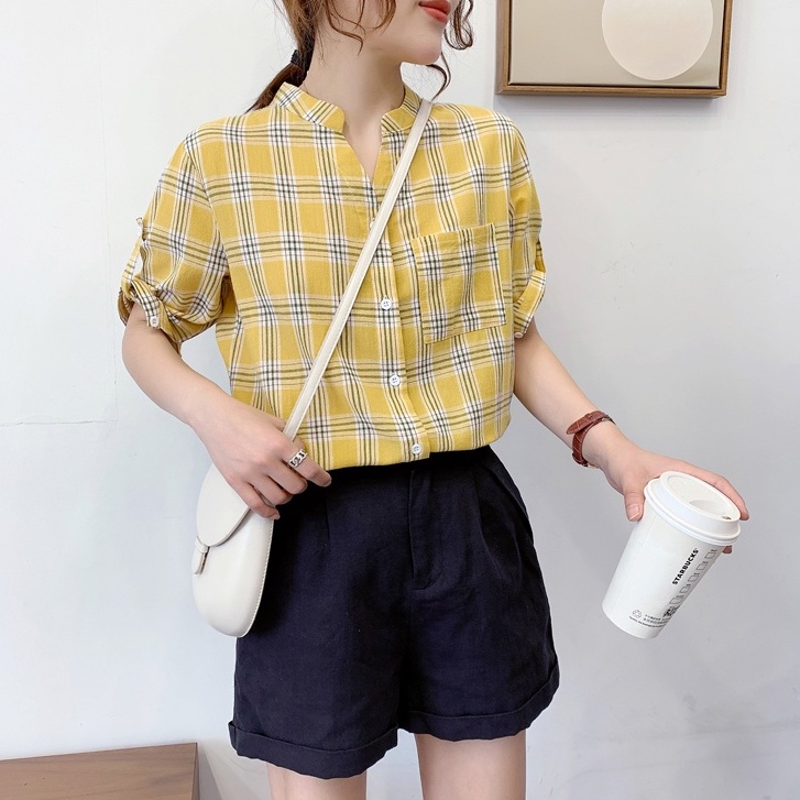 FBAShop   ขายดีประจำฤดูกาล เสื้อคอจีนลายสก๊อตเกร๋กรุบ เรียบง่ายแต่มีดีเทล  แมทช์ง่าย ใส่ทำงานก็ได้  สไตล์โมริ  คุมโทน