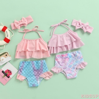 KIDSUP-Toddler Girls 3Pcs Bikini Set, Solid Color Ruffle Halter Tops + Mermaid Bottom + Headband Set