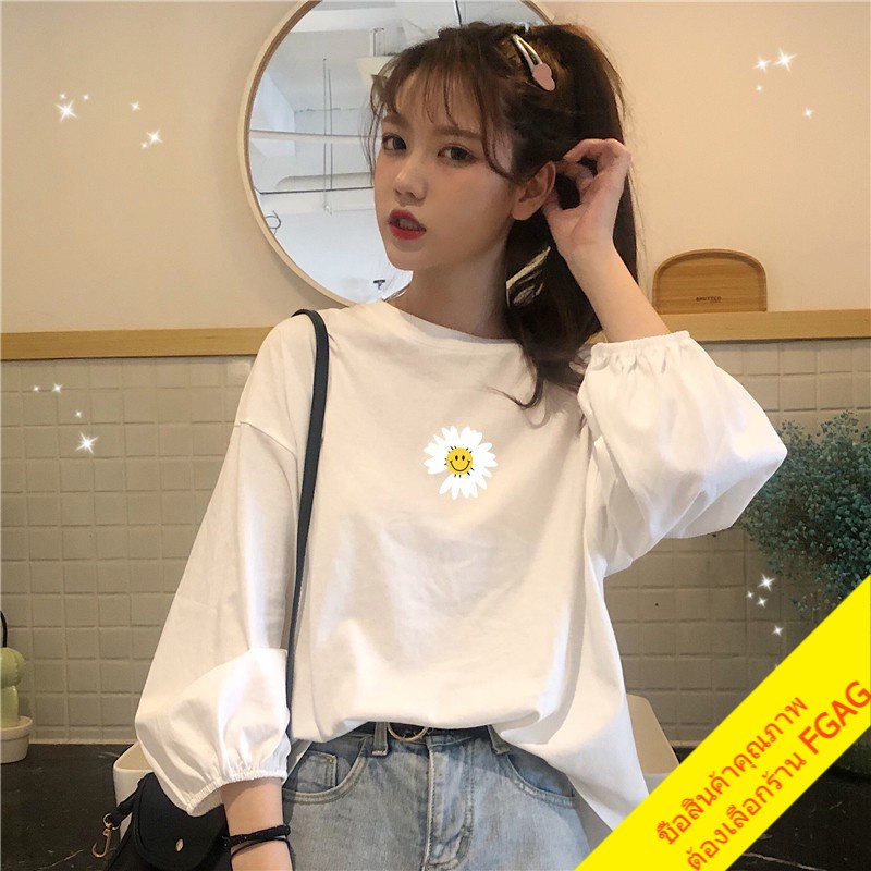 เสื้อยืดแขนยาวผู้หญิง สีพื้น oversize เสื้อผ้าแฟชั่นวัยรุ่น แขนพอง เกาหลี ทรงหลวม XXL