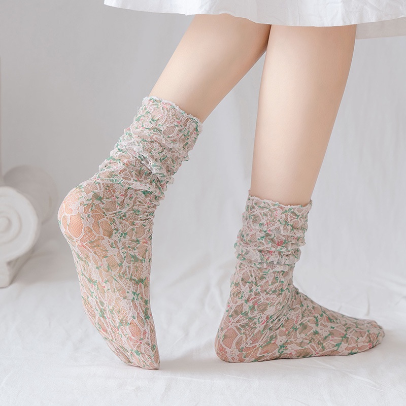 Socks women floral mesh lace retro hollow lace piled in the tube thin section japanese jk ins tide korean summer