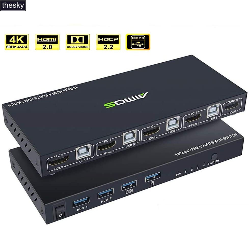 KVM Switch HDMI 4 Port Box, AIMOS HDMI 2.0 KVM Switcher รองรับการเชื่อมต่อคีย์บอร์ดและเมาส์ไร้สายและ