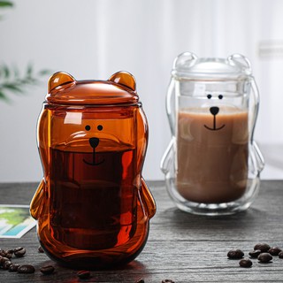 แก้วกาแฟ สองชั้น ทนความร้อน พร้อมฝาปิด ลายหมีน่ารัก