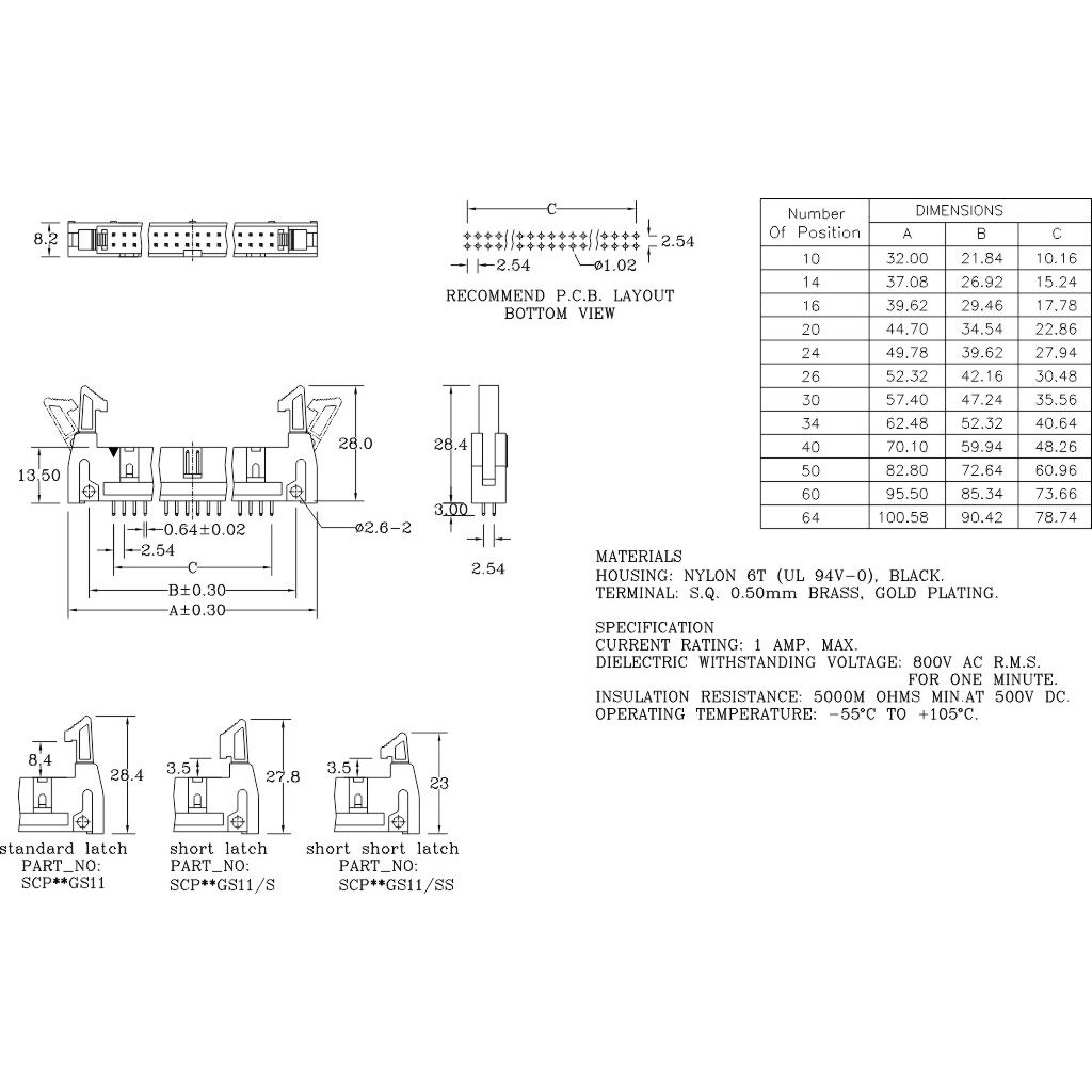 ขั้วบอร์ดเฮดเดอร์ 10-64P ตัวผู้ขาตรง Board Header Connector ST มีเขี้ยวล็อกคอนเน็คเตอร์
