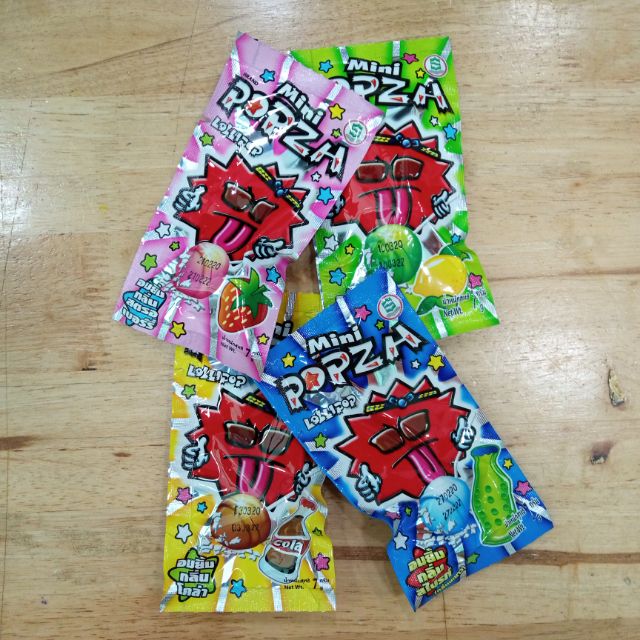 ลูกอม อมยิ้มมินิป็อปซ่า minipopza candy lollipops หวานเปรี้ยวซ่า สตรอเบอรี่ โคล่า เลมอน สไปร์