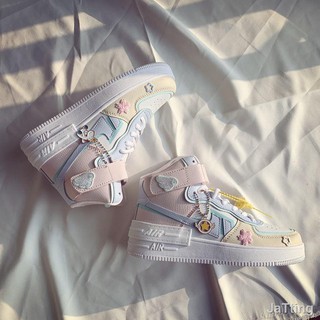 F7b รองเท้าแฟชั่น Sports af1 Sakura Macaron Air Force One Women s Peach Powder Casual High-top Shoes ins Wild Aj &lt;