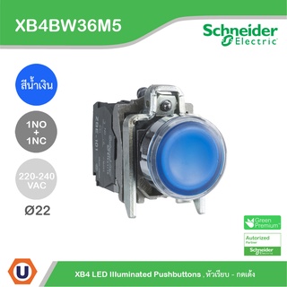 Schneider  - XB4BW36M5 - สวิตช์ปุ่มกดมีไพล็อทแลมป์ แบบ LED หัวเรียบ - กดเด้ง Ø22 mm. สีน้ำเงิน 1NO+1NC , 220 - 240 VAC