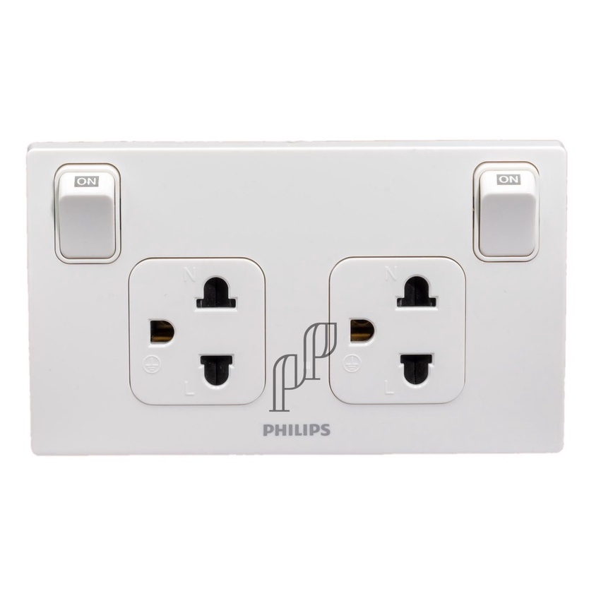 PHILIPS ชุดเต้ารับกราวคู่ 2X4 พร้อมม่านนิรภัย+สวิตซ์ควบคุม กราวน์คู่ กราวคู่ ชุดปลั๊กไฟ ปลั๊กไฟ ปลั๊กไฟมีสวิตซ์ ขาว ดำ