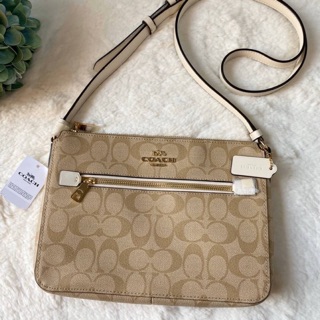 COACH Signature Khaki Saddle Top Zip Gallery File Bag Crossbody F91013  ขนาด 10"( L) x7 "(W) x 2" (D)