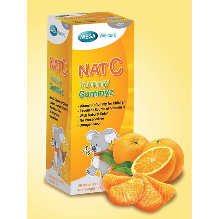 (พร้อมส่ง) Mega Nat C yummy Gummyz ผลิตภัณฑ์วุ้นเจลาตินสำเร็จรูป ผสมวิตามินซี รสส้ม เมก้า แนทซี ยัมมี่กัมมี่ (Exp.8/22)