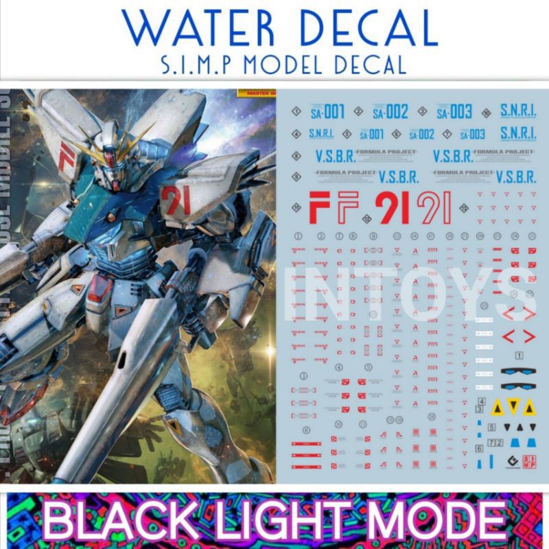 Water Decal MG1/100 Gundam F91​ ยี่ห่อ S.I.M.P. Model Decal​ (เรืองแสงในแสงแบล็คไลท์ แต่ละลายเรืองแส