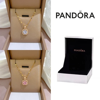 Pandora สร้อยคอ ทอง 18K ลูกบาศก์ เพทาย เพชร จี้ สร้อยคอ ผู้หญิง แฟชั่น เครื่องประดับ อุปกรณ์เสริม