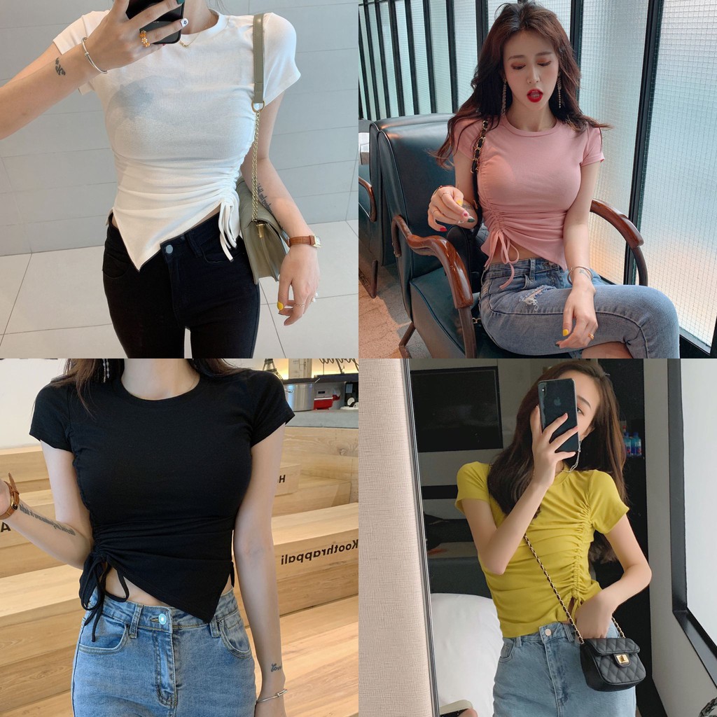 🦋Sun-day🦋 เสื้อยืดคอกลมรูดข้าง ผ้าคอตตอน 4 สี  CK21