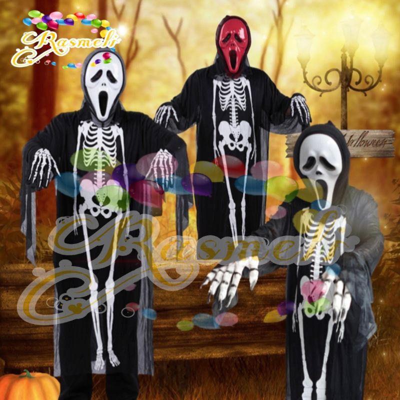 ชุดฮัลโลวีนปาร์ตี้กะโหลกคอสเพลย์แต่งกายสีดําแขนเสื้อถุงมือหน้ากาก Thema hantu