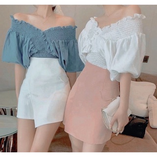 เสื้อครอปคอวีหน้า-หลัง แต่งแขนบอลลูนสวยๆ ​จั้มเอว แมทกับยีนส์ หรือกระโปรงก็ปังจ้า