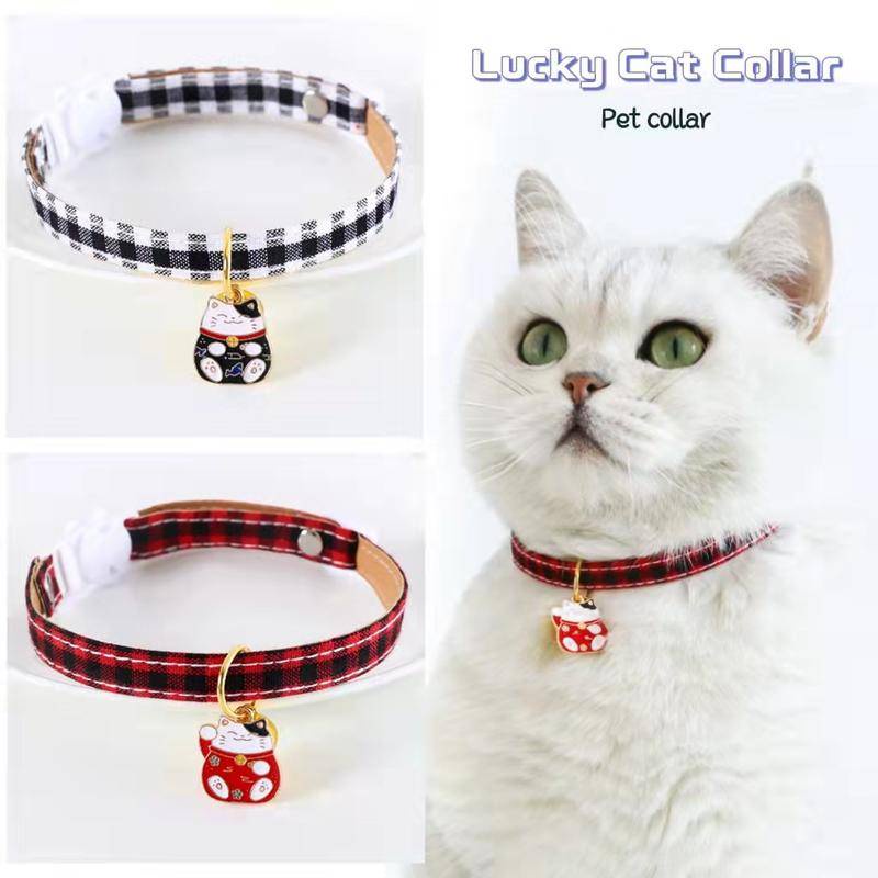 ปลอกคอแมวสัตว์เลี้ยงพร้อมกระดิ่งและหนัง PU ตาข่ายปรับป้องกันการอึดอัด lucky Cat จี้คอโซ่สําหรับสุนัข