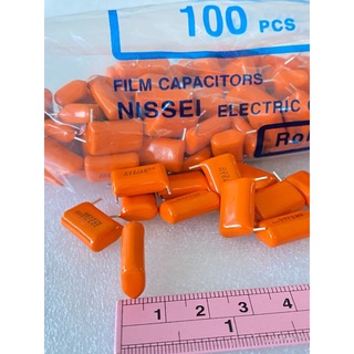 223J1000V 0.022UF 1000V (แพ็ค,10ตัว) คาปาซิเตอร์ ไมล่า NISSEI Japan ตัวสีส้มขาห่าง15มิล 223J1000 C223 J 1000V C223J1000V