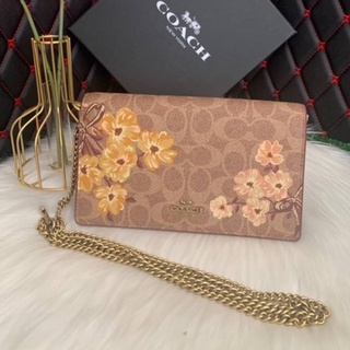 (ผ่อน0%) กระเป๋าสะพายข้าง งาน Shop Coach Callie Foldover Chain Clutch In Signature Canvas ลายซี สีน้ำตาล ลายดอกไม้ 69071