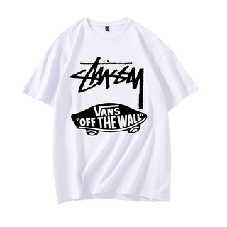 [มีสินค้า] [ค่ส่งฟร] ｛Cod｝9 สีแขนสั้นผู้ชายหลวม Stussy X VANS รูปแบบตัวอักษรการพิมพ์ผู้ชายผ้าฝ้ายลำลอง เสื้อเชิ้ต ที่เหม