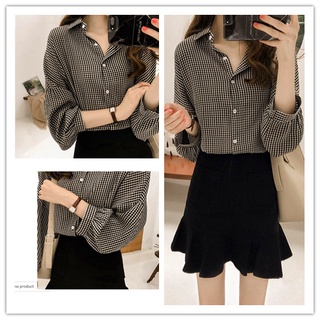พร้อมจัดส่ง เสื้อเชิ้ตแขนยาว แฟชั่น เกาหลีสำหรัผู้หญิง เสื้อลายสก๊อตOVERSIZEสำหรับสาวอวบ ทรงหลวม แขนโคมไฟ คอปก