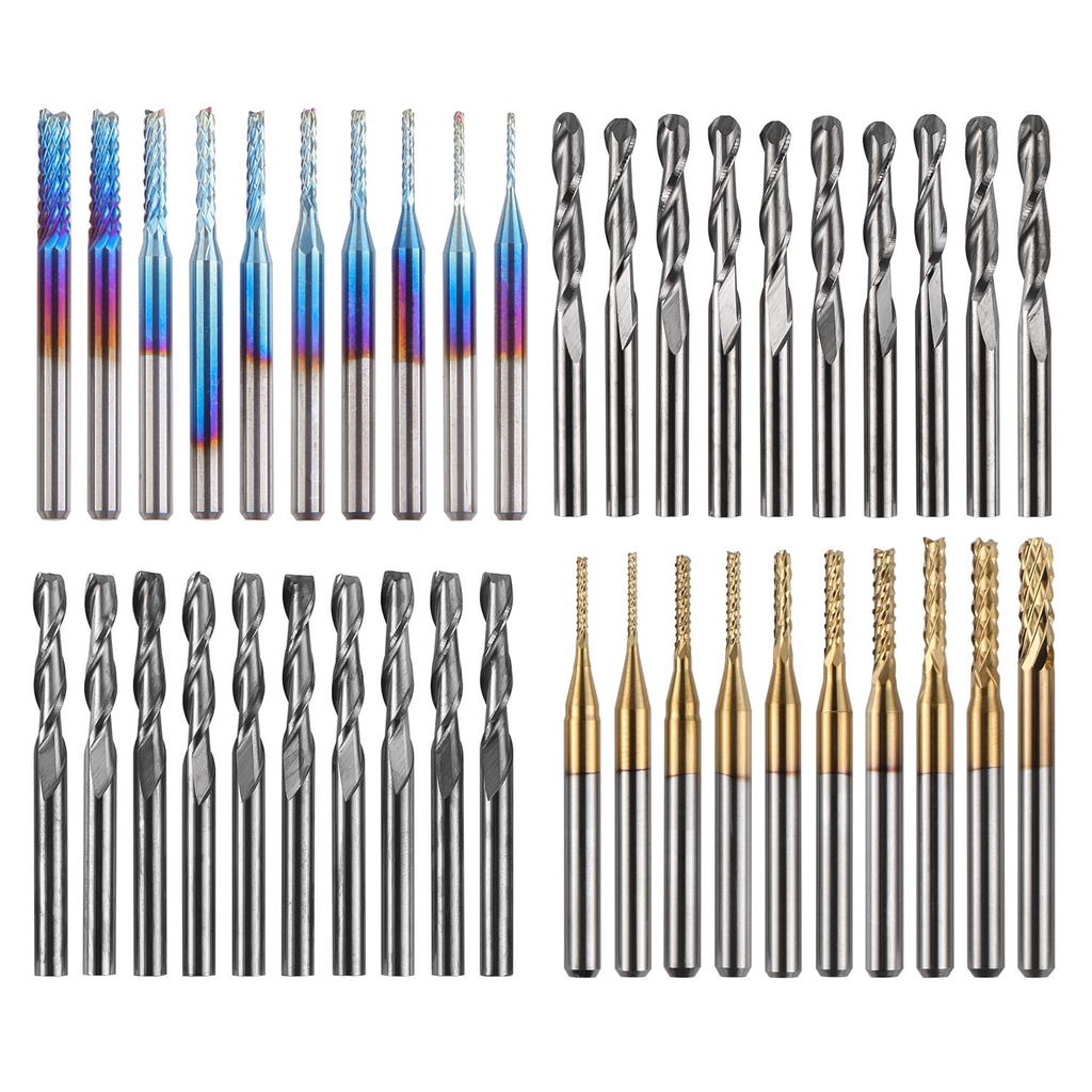 Vsharp ชุดดอกกัดมิลลิ่ง คาร์ไบด์ CNC ก้าน 3.175 มม. สีฟ้านาโน สําหรับแกะสลัก 40 ชิ้น