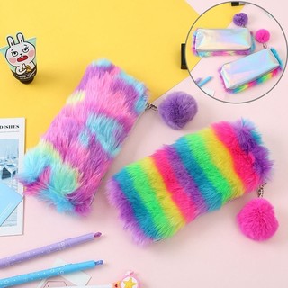 Rainbow Color Pencil Case Plush School Pen Bag Laser Plush Pencil Bag Laser Coin Purse Phone Bag Mini Handbag