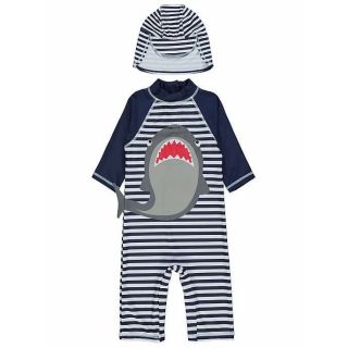 ชุดว่ายน้ำเด็ก จาก อังกฤษ : George Striped Shark Sun Protection Suit and Keppi Hat Set