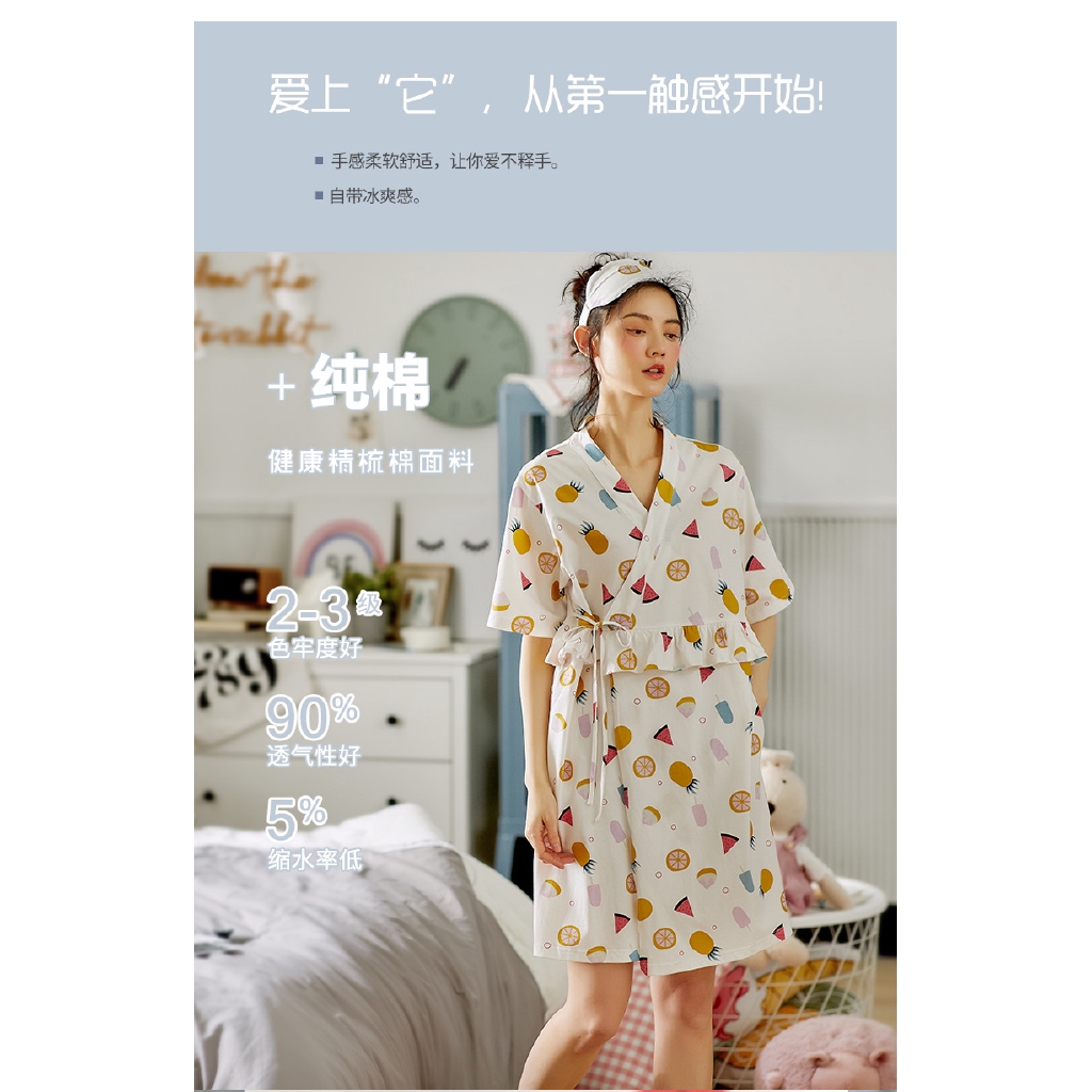 ชุดนอนเกาหลีชุดนอนสตรีผ้าฝ้ายฤดูร้อนแขนสั้นบางน่ารักคลอดชุดนอนNightgown ...