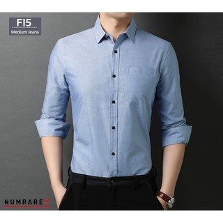  เสื้อเชิ้ตผู้ชายสีฟ้ายีนส์เข้ม ผ้า Oxford ทรงเข้ารูป สลิมฟิต(slim fit)