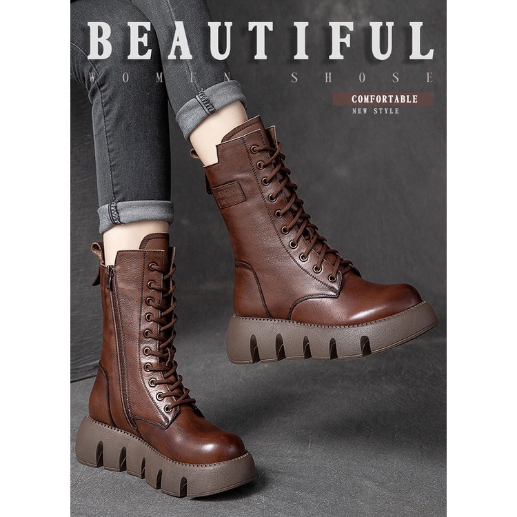 Gktinoo 2022 Vintage Style Genuine Leather Women Boots Flat Booties Soft Cowhide Women39s Shoes 