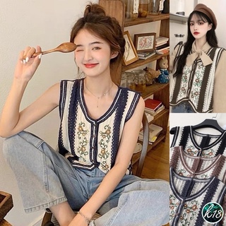 K18💜Korean เสื้อไหมพรมถักแขนกุด แต่งลายดอกไม้ มีกระดุมหน้า 4 สีสวยๆ