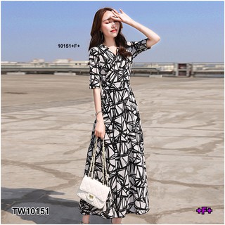 [10151] MaxiDress คอวีลายกราฟฟิก