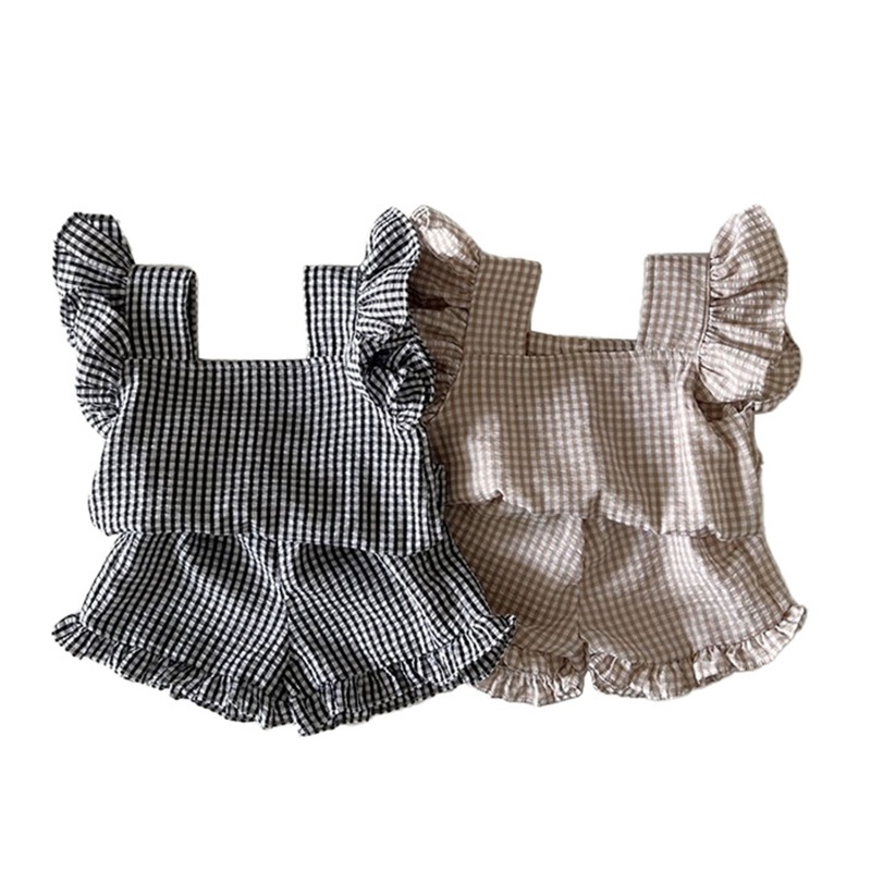 OMG * ชุดเด็ก 2 ชิ้น Raffile Tee สําหรับ Tank Bloomer กางเกงขาสั้นลายสก๊อตเด็กวัยหัดเดิน Sun-Tops กา
