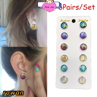 ROW 6 Pairs/Set Party Durzy Ear Stud Silver Multicolor Mermaid Scale Earrings 12mm Fashion Jewelry Unique Round