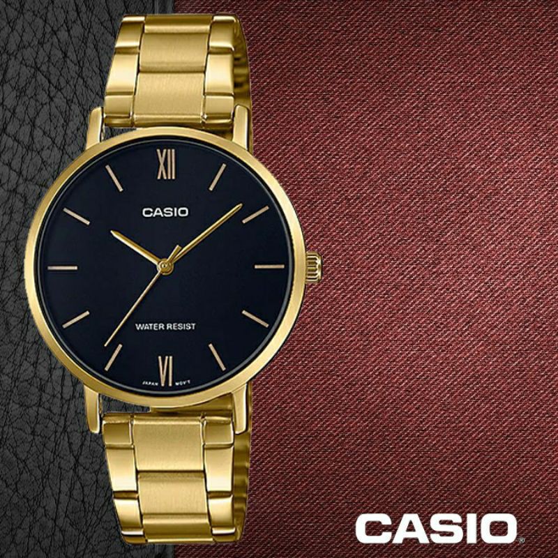 Casio รุ่น LTP-VT01G-1B นาฬิกาข้อมือผู้หญิง สายแสตนเลส สีทอง หน้าปัดดำ