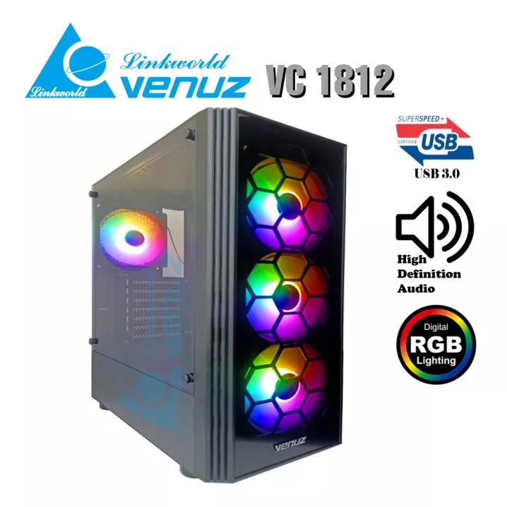 VENUZ ATX Mid Tower Tempered Glass Gaming Case VC 1812 with Rainbow RGB Fan x 4 - Black