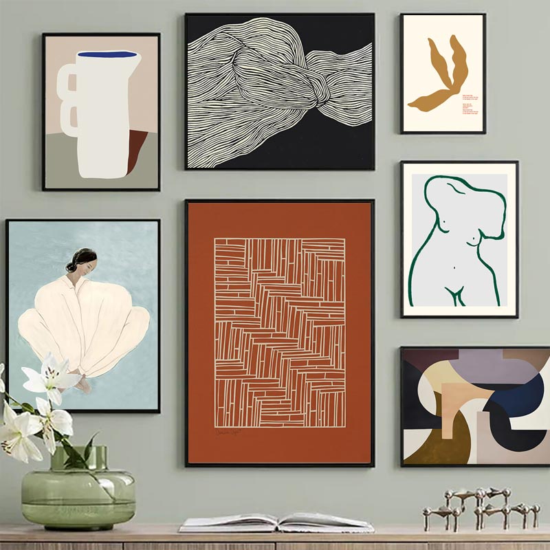 บทคัดย่อชุดนอนสาว Nude Lines Curve โปสเตอร์ Nordic เรขาคณิต Leaf Wall Art พิมพ์ผ้าใบภาพวาดตกแต่งภาพสําหรับห้องนั่งเล่น