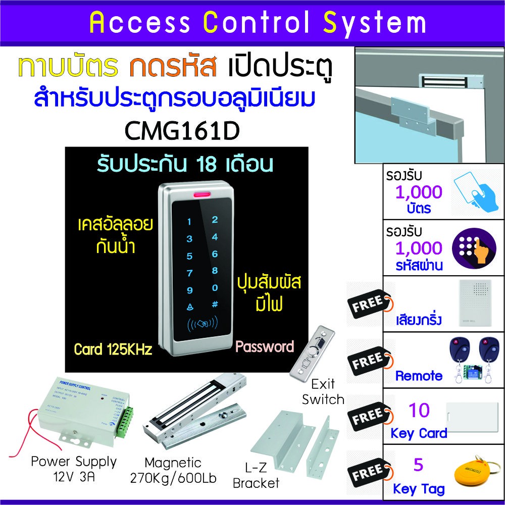 CMG161D คีย์การ์ด เครื่องทาบบัตรเปิดประตูกันน้ำ พร้อมชุดกลอน 600 ปอนด์  บัตรเพิ่ม บัตรลบ และคู่มือภา